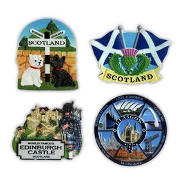 SAJAK Scotland Fridge Magnets Set of 4 - Scottish Souvenir Pack with Edinburgh Castle, Westie Terrier Dogs, Bagpipes, Saltire Flag, Thistle, Piper, Glasgow UK Travel Gift, Resin Kitchen Decoration