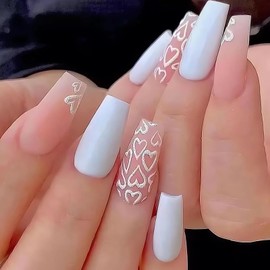 Long Coffin Press on Nails White Glitter Heart Fake Nails Glossy Pink White Valentine’s Day Glue on Nails Full Cover Small Hearts Acrylic Nails Cute Valentines Stick on Nails for Women Nail Art DIY