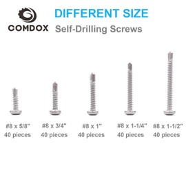 Comdox 410 Stainless Steel Self Drilling Screws Kit Set, Pan Head Phillips Sheet Metal Tek Screws Assortment Kit, Modified Truss Head, 8-18 Thread Size, 5/8" to 1-1/2" Length (Pack of 200)