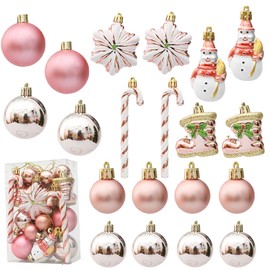 HERZONE 20 x Christmas Pendants, Christmas Tree Decorations, Christmas Baubles, Sugar Canes, Stars, Snowman and Christmas Boots for Christmas Tree (B-Pink Gold)