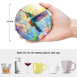 Drink Coasters for Drinks Set of 6, Spring Hummingbird and Floral Blossom Absorbent Round Ceramic Stone Mat Coaster, with Cork Base and Metal Holder, Home Bar Decor House Warming Gift