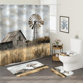 Sokdcam 4PCS Rustic Barn Windmill Shower Curtain Set, Western Farm Barn Farmhouse Bathroom Accessories with Non-Slip Rugs, Toilet Lid Cover Bath Mat and 12 Hooks, Home Decor 72" x 72"