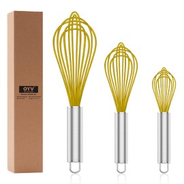 OYV Yellow Silicone Whisk, Professional Whisks For Cooking Non-Scratch, Stainless Steel & Silicone Wisk, Plastic Rubber Whisk Tool For Nonstick Cookware Pans, Silicon Wisks Set of 3.