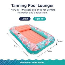 Aqua Inflatable Tanning Pool Lounger – Large (71 x 48 in) – Premium Pool Float with Cupholders and Removeable Pillow for Relaxation and Fun, Pink Flower Coral