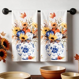 Toallas de cocina para otoño, florero floral, girasol, calabaza