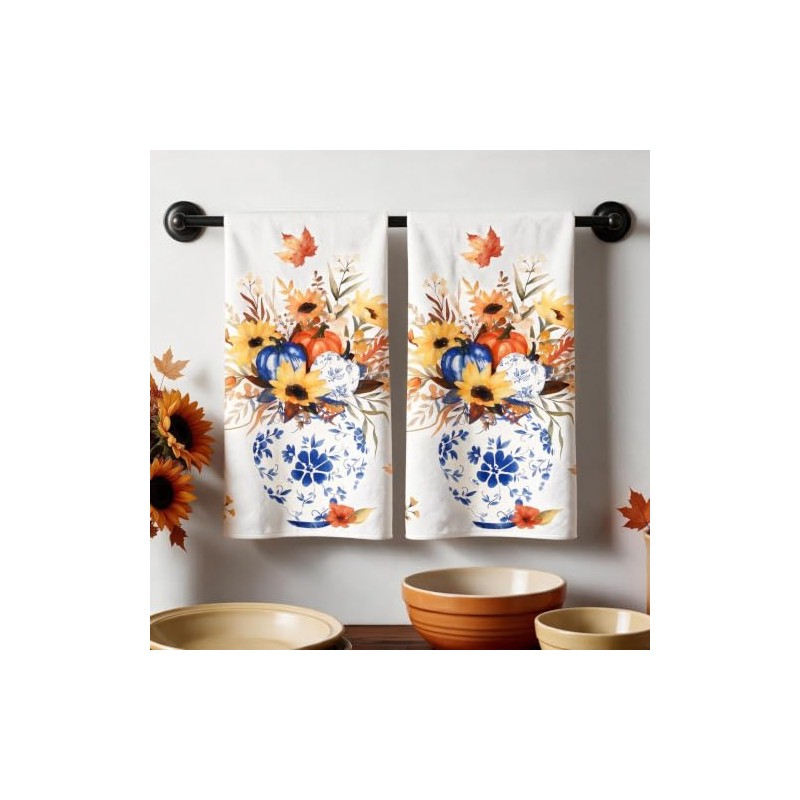 Toallas de cocina para otoño, florero floral, girasol, calabaza