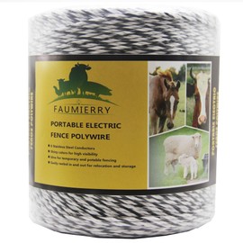 FAUMIERRY Heavy Duty Electric Fence Polywire 1312 Feet, 400 Meters 9 Stainless Steel Strands Portable Electric Fence Rope Portable Electric Fencing Polywire Black and White