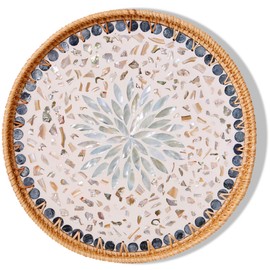 Round Rattan Tray with Mother of Pearl Inlay & Wooden Base - Decorative Wicker Serving Tray for Coffee/Bread/Fruits, Food Storage & Display - Multipurpose Home Decor (13.8" Blue Shells)