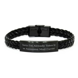 Mugart Joke Mail carrier Gifts, Sorry I'm, Mail carrier Braided Leather Bracelet From Colleagues, Engraved Bracelet For Colleagues, Small, black