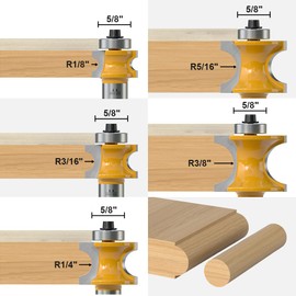 Fivepears 5Pcs Bullnose Router Bit Set 1/2 Shank, Bearing Half Round Router Bits for Woodworking, Carbide Tipped Edge Bits for Cutting Door Cabinet Shelve Table, Radius 1/8", 3/16", 1/4", 5/16", 3/8"