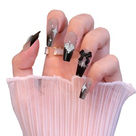 YINKE Nail Tips, Long, 24 Pieces, Black, Coming of Age Ceremony, Unique Design, Trapezoid Style, Black Dark Night, Starry Sky, Women's, Stylish, Advanced, Nail Wrap (Black Glitter Heart)