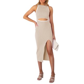 Womens Summer Cut Out Knit Tank Dress Side Slit Sleeveless Bodycon Midi Dress Apricot XS