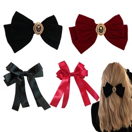 KASESSS 2 Velvet Hair Bow, 2 Silky Satin Hair Bow, Hair Bows for Women Girls, Red Black Bow Hair Clip, Vintage Bows for Hair, Big Bowknot Hairpin, Hair Bow Clip, Solid Color French Barrette Hair Clip