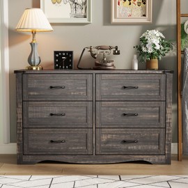 Gyfimoie Farmhouse Dresser for Bedroom, Chest of Drawers with Natural Texture, Accent Storage Cabinet for Closet,Living Room (Dark Rustic Oak, 15.7" D x 46.4" W x 30.8" H(6 Drawers))