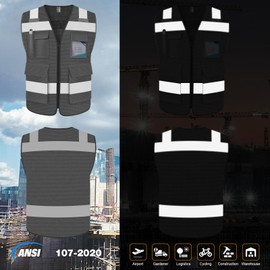 TCCFCCT Mesh High Visibility Vest 5 Pockets Reflective Safety Work Vest for Men Women, Hi Vis Construction Vest with Horizontal Strip for Walkie-talkie, Meets ANSI/ISEA Standards, Grey, L