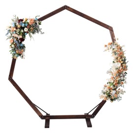 Wishtofly Wooden Wedding Arch, 7FT Arch Backdrop Stand Frame, Wood Heptagonal Arbor for Wedding, Ceremony, Proposal Scene, Birthday Parties, Rustic Indoor and Outdoor Decoration