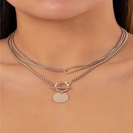 Allereyae Vintage Layered Coin Disc Pendant Necklace Coin Bar Choker Necklace Gold T Bar Toggle Necklace Punk Box Chain Necklace Jewelry for Women (Gold)