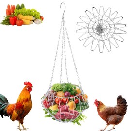 Hanging Chicken Feeders Baskets, Foldable Chicken Coop Vegetables Fruits Hanging Feeder, Vegetable Basket, Fruit Flower Basket with 4pcs Hanging Chain for Gooses Duck Farm House (1PCS)