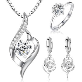 Collares para Mujer：Juego Collar Aretes de Mujer Plata de Ley 925 con para Regalo Cadena 46cm Longitud y Anillo-Romántico Regalo Mamá Esposa Boda,Estilos joyería (01)