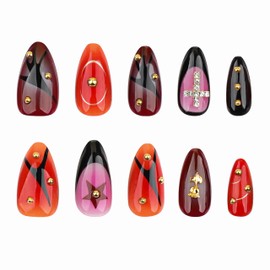 BABALAL Press on Nails Medium Almond Fake Nails Brown Orange Ombre Glue on Nails Cross Charm Goth Acrylic Nails Y2k Star Rose Charm False Nails Stiletto Stick on Nails 24Pcs Manicure Gel Nails