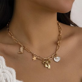 Charm Necklace for Women Trendy Gold Necklace Women Paperclip Chain Necklace Bow Necklace Pearl Flower Necklace Evil Eye Pendant Necklace Gold Chain Necklace Gold Jewelry Gifts