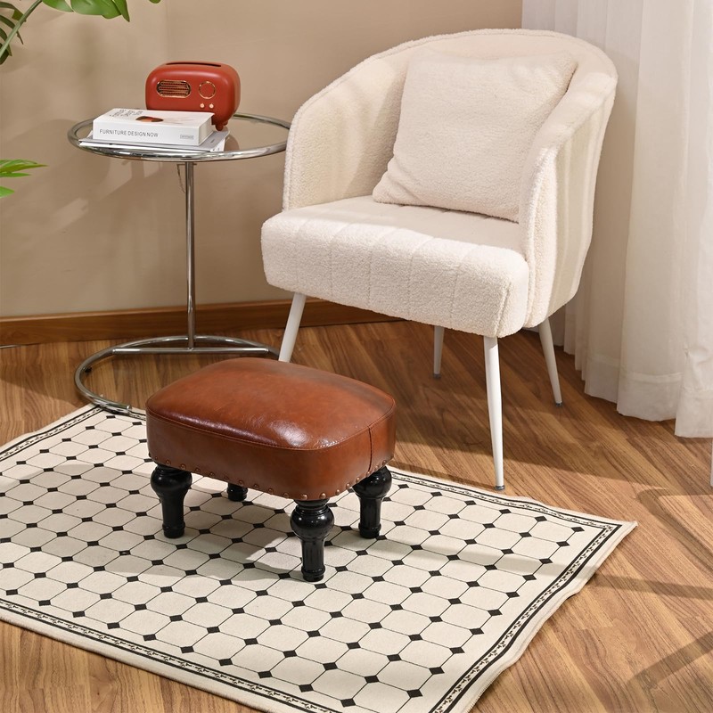 DSGAMER Leather Ottoman Footrest,Rustic Foot Stools Seat,Wood Footstool,Rectangle Footrest Small