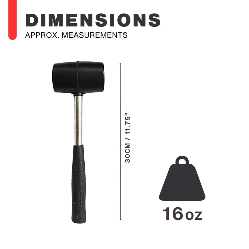 16oz Rubber Mallet with Steel Shaft - Heavy Duty Hand