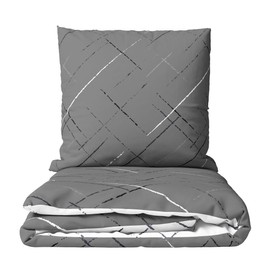 Leonado Vicenti Bed Linen Set 135 x 200 cm Cotton 4-Seasons Stripes Grey Reversible Bed Linen with Zip Pillowcase 80 x 80 cm Breathable