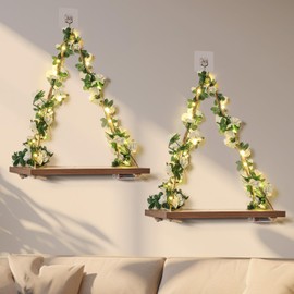 HYAMVOR Hanging Shelves,Floating Shelves with Light Strip,Hanging Plant Wall Shelf,Set of 2 Boho Wall Shelf Artificial Garland Decorations for House Room Aesthetic, Gift (2 Sets)