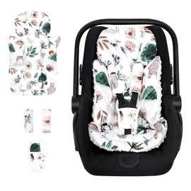 CARUILI Infant Car Seat Insert and Strap Covers, Very Soft Car Seat Head Support Baby Girl Boy, Reversible Newborn Carseat Insert Cushion Fits for Stroller, Baby Swing, Bouncer (White Animals)