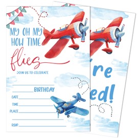 SIXEIGHT Boy Airplane Birthday Invitations, How Time Flies Party Invitations, 20 Fill-in Style Invites with Envelopes for Girls Boys, Airplane Birthday Party Favor & Decoration (4"x6")-D16