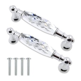 MuDuJia 2-Pack 5.00'' Glass Dresser Drawer Handles/Clear Pulls Knob Chrome Metal/Silver Modern Crystal Cupboard Cabinet Handle Pull Knobs 128mm (2, 5" Hole Center Style A)
