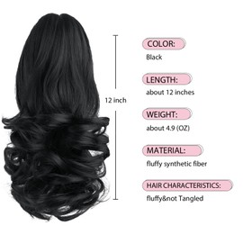 Black Ponytail Extension Claw Clip in 12" Synthetic Hairpiece for Women Girls Kids Lady Hair Piece Wavy High Pony Tails Synthetic Heat Short Curly Hairpiece for Daily Party use Off Black