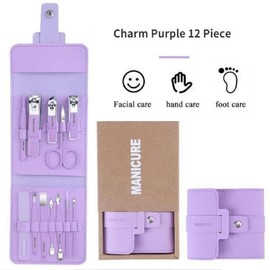 MiJunHD Manicure 12Pcs/Set Professional Nail Clippers Stainless Steel Pedicure Nail Care Tool with Leather Case -Purple