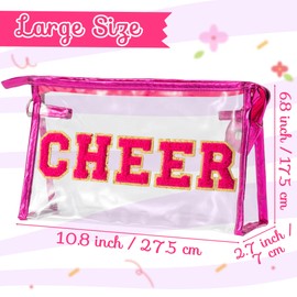 Y1tvei CHEER Clear Makeup Bag - Preppy Rose Red Cheer Chenille Patch Cosmetic Pouch Extra Large PVC Transparent Toiletry Carry Bag Portable Waterproof Travel Organizer Cheer Gift for Cheerleader