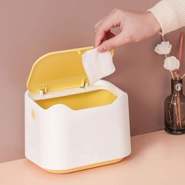 YAGGOOD Mini bin bathroom bin tea bag bin with lid for tabletop, office desktop, bathroom countertop, Small bin in yellow and white color