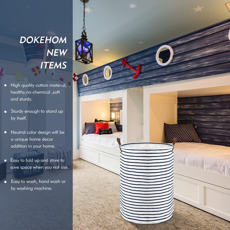 DOKEHOM 18 Inch Foldable Round Storage Laundry Baskets, Cotton (Blue,