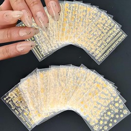 30 Sheets Gold Nail Art Stickers Decals 3D Self-Adhesive Gold Heart Nail Stickers Star Moon Nail Art Supplies Nail Design for Acrylic Nails Manicure Decorations for Women and Girls