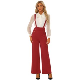 Allegra K Casual Office Overall for Women's Adjustable Straps Wide Leg Suspenders Jumpsuits X-Large Red