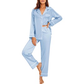 Ekouaer Satin Pajama Set for Women Silky Sleepwear Long Sleeve Top and Pants Button Down Pjs Lounge Set Clear Blue
