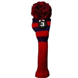 Majek #3 Hybrid Rescue Utility Red & Blue Golf Headcover Knit Pom Pom Retro Classic Vintage Head Cover