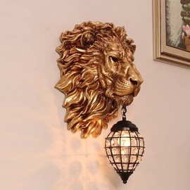 Aeyee Rustic Wall Sconce, Lion Head Wall Sconce Lighting with Crystal Beaded Shade, Resin Farmhouse Decorative Wall Light Gold Finish