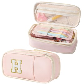 Janhavi Preppy Pencil Case for School Supplies, Large Initial Pencil Pouch with Zipper, Cute Pencil Bag for Office Supplies, Aesthetic Birthday Gift for Kids Teen Girls Adults - Pink H(Chenille)