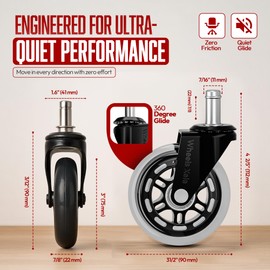 Office Chair Wheels, Set of 5, 11x22mm Stem Size That Fits 98% Chairs, Rubber Rollerblade Casters for Desk & Gaming Chair are Easy to Install & Suitable for All Floor Types (Clear, Not for IKEA)