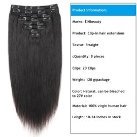 Straight Clip-In Real Hair Extensions, 8 Pieces, 120 g, Invisible Real Hair Wig Extensions, Clip-In Natural Black Clip Ins for Black Women, 22 Inches, 18 Clips