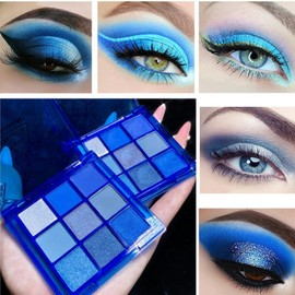9 Colors Blue Eyeshadow Palette, Glitter Shimmer Matte Neutral Shades, High Pigmented Waterproof Grey Light Blue Eyeshadow, Shimmer Bright Sombras De Ojos for Daily and Party Makeup