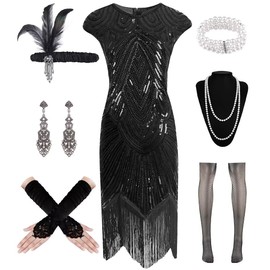 WILDPARTY 20s Costume Women's Charleston Dress, Flapper Dress with Sequins Beads Fringe Net Stockings, Dresses 20s Accessories, Vintage Mafia Costume Women's Cocktail Dress
