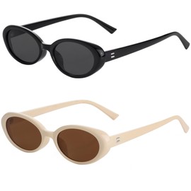Onrtry Vintage Small Oval Sunglasses for Women Men 90s Sunglasses Narrow Eyeglasses UV400 Protection 2 Pack(Black+Beige/Brown)