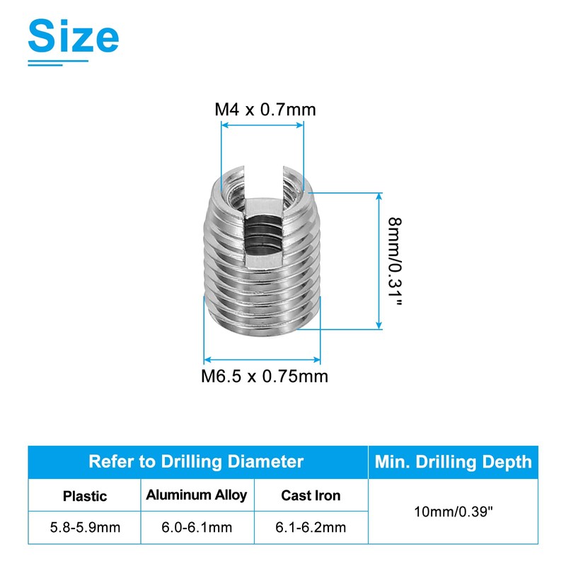 PATIKIL Self-Tapping Threaded Inserts, 20 Pcs M4 x M6.5 x
