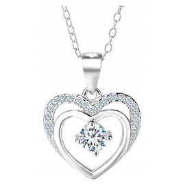 MENNICA BYDGOSKA 925 silver necklace with double heart pendant with zircons, length 50 cm, for girls and women, Silver